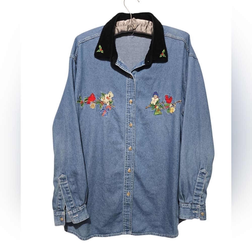 Vintage 1990's Christmas Blue Denim Button Up Shirt Holiday Embroidery XL